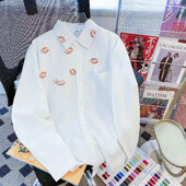 Cămașă casual cu mânecă lungă, cu ruj alb, imprimată la modă, în stil ins, pentru bărbați.