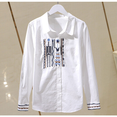 Valge puuvillase tikandiga naiste särgid, kevad-sügis, uus mood pluusid 2022, alla keeratav krae, sirge naiste välirõivad, pluusid