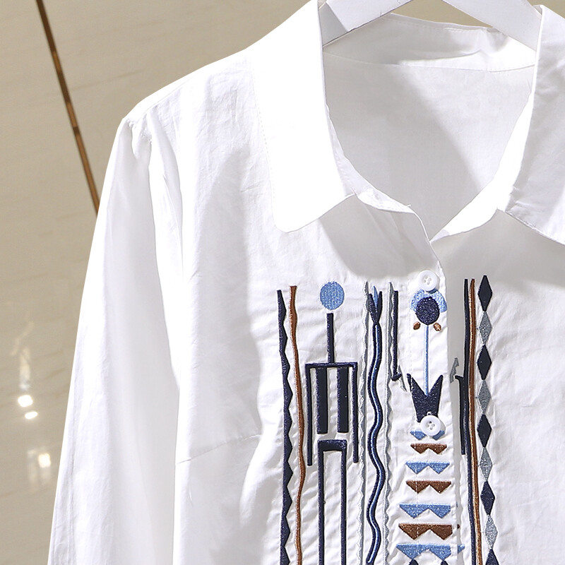 Valge puuvillase tikandiga naiste särgid, kevad-sügis, uus mood pluusid 2022, alla keeratav krae, sirge naiste välirõivad, pluusid