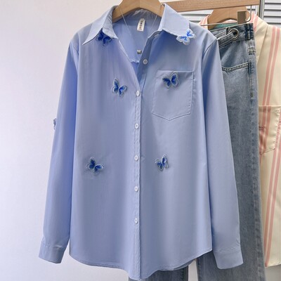 Polo izrez s izvezenim leptirima Ženska proljetna i jesenska svestrana košulja s dugim rukavima francuskog dizajna