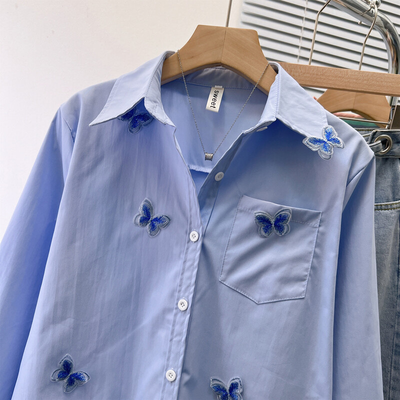 Polo izrez s izvezenim leptirima Ženska proljetna i jesenska svestrana košulja s dugim rukavima francuskog dizajna