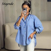 Stigende sinise triibulise nööbiga särgid Naiste pikkade varrukatega avara kõrge ja madala kontorisärk