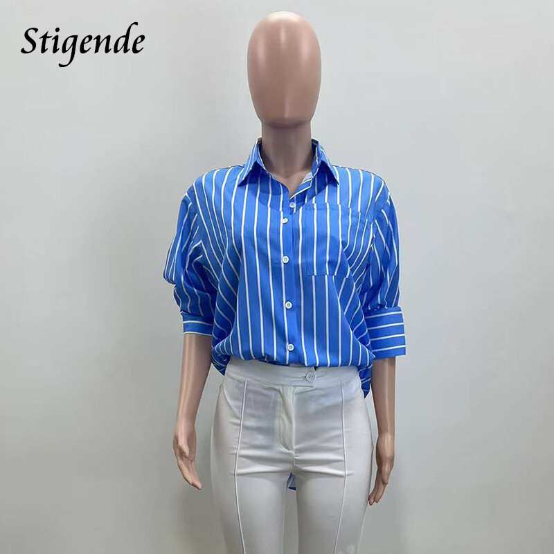 Stigende sinise triibulise nööbiga särgid Naiste pikkade varrukatega avara kõrge ja madala kontorisärk