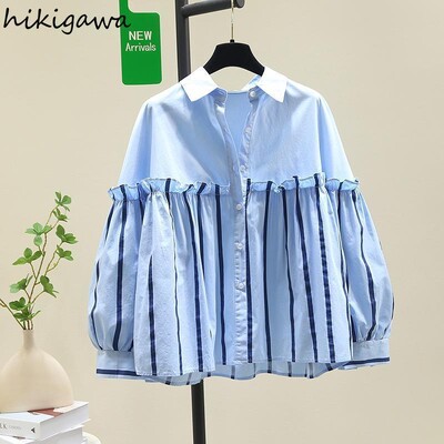 Cămăși casual cu dungi pentru femei, cu volane, bluze dulci coreene, bluze vintage largi de vară, bluze 2024 pentru femei de modă
