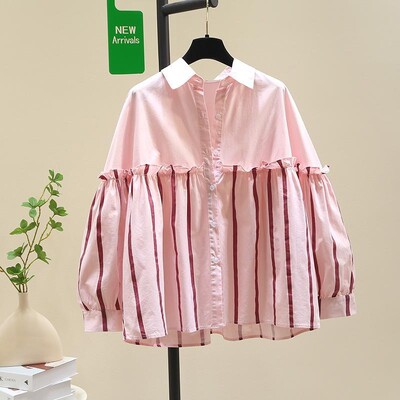 Casual ριγέ πουκάμισα Γυναικεία συνονθύλευμα βολάν Γλυκές κορεάτικες μπλούζες Loose vintage καλοκαιρινές μπλούζες 2024 Blusas Mujer De Moda