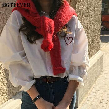 BGTEEVER Fashion Lapel Heart Embroidery εμπριμέ λευκά πουκάμισα για γυναίκες ολόσωμες γυναικείες μπλούζες φθινοπωρινές