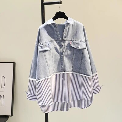 Bluză cu gât polo cu mânecă lungă din denim cu dungi albastre, mozaic, cămașă pentru femei, moda coreeană, îmbrăcăminte feminină, topuri de primăvară