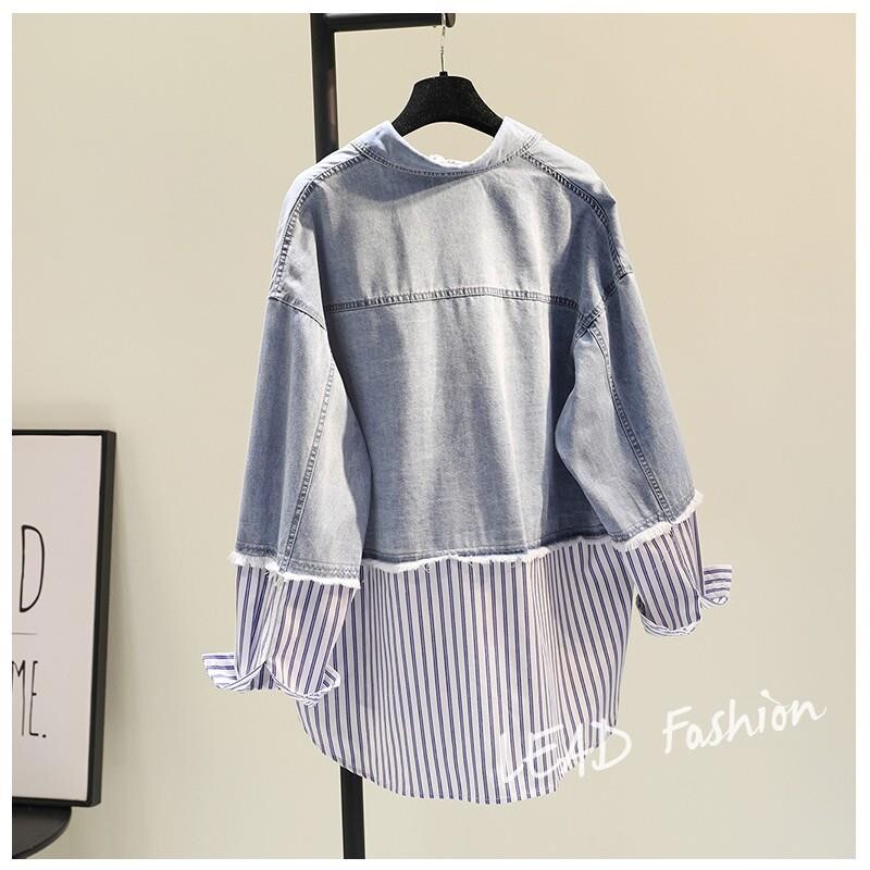 Plavi prugasti traper patchwork High Street dugih rukava s polo izrezom Ženska bluza košulja Korejska modna ženska gornja odjeća proljeće