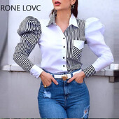 Naiste šikk, elegantne triibuline, allapoole keeratav krae, lapilise mustriga puhvis varrukad, naiste tööpluus