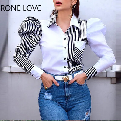 Naiste šikk, elegantne triibuline, allapoole keeratav krae, lapilise mustriga puhvis varrukad, naiste tööpluus