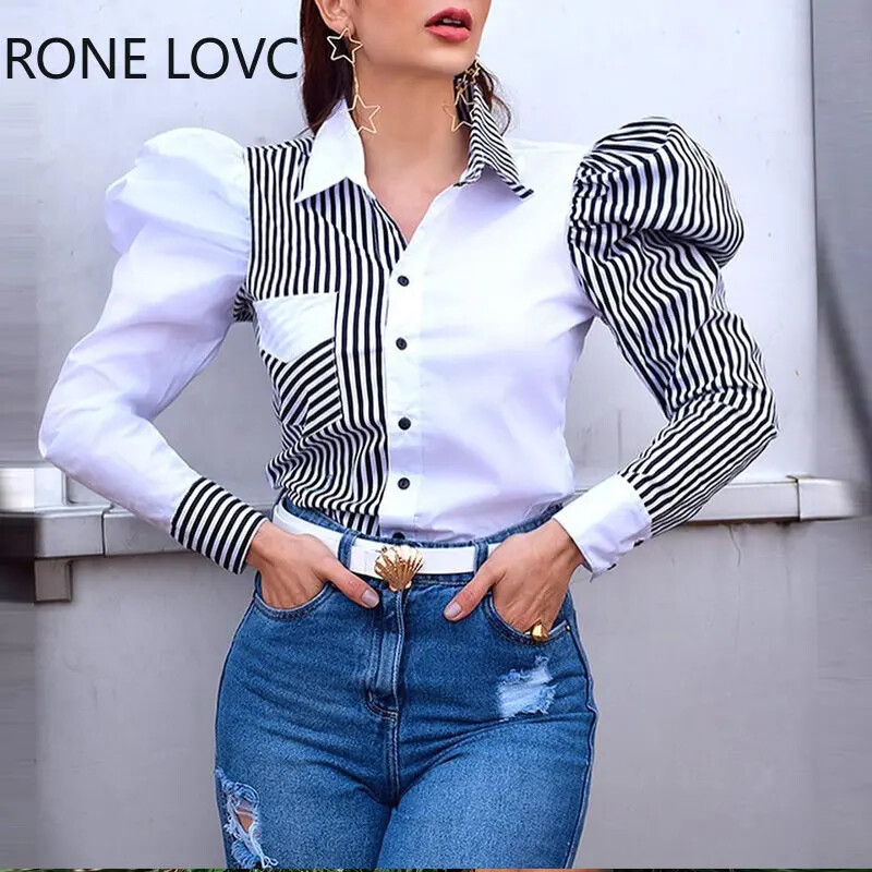 Naiste šikk, elegantne triibuline, allapoole keeratav krae, lapilise mustriga puhvis varrukad, naiste tööpluus