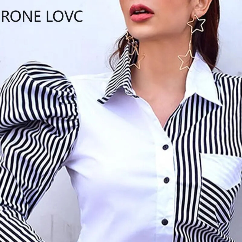 Naiste šikk, elegantne triibuline, allapoole keeratav krae, lapilise mustriga puhvis varrukad, naiste tööpluus