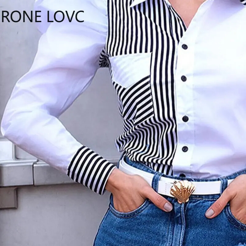 Naiste šikk, elegantne triibuline, allapoole keeratav krae, lapilise mustriga puhvis varrukad, naiste tööpluus