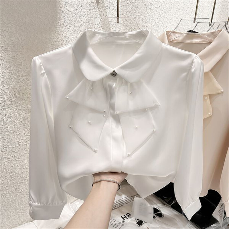 Nova šifonska patchwork košulja od proljeća 2024. Majice u korejskom stilu, dugi rukavi, jednobojne široke bluze za sve vrste, elegantna ženska odjeća