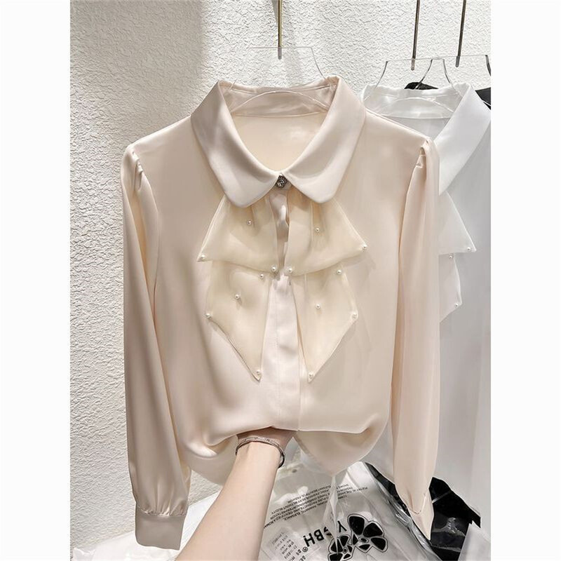 Nova šifonska patchwork košulja od proljeća 2024. Majice u korejskom stilu, dugi rukavi, jednobojne široke bluze za sve vrste, elegantna ženska odjeća