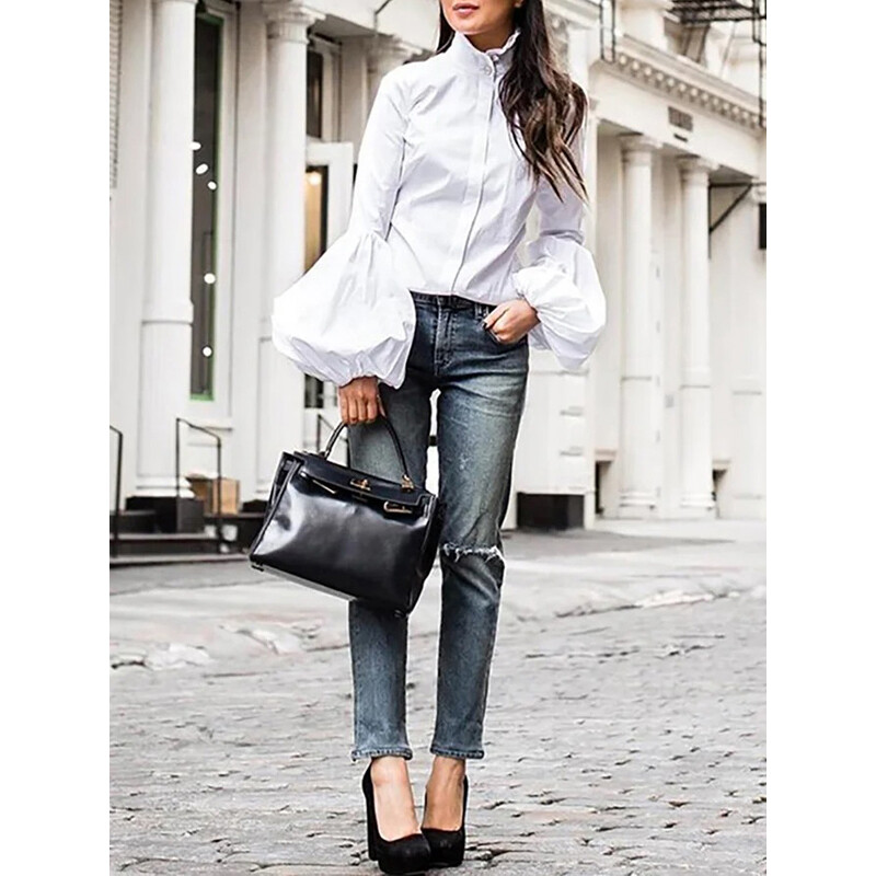 Krisnana 2024. modne ženske bluze dugih rukava širokih zakopčanih jednobojnih spojeva, samostojećeg ovratnika, bluze i majice, majice