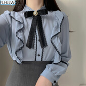 Volane de damă cu papion drăguț Topuri stil preppy vintage japonez coreea buton cu design elegant formal alb roz cămăși bluze