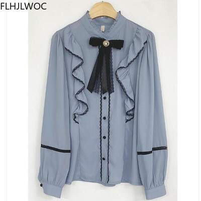 Volane de damă cu papion drăguț Topuri stil preppy vintage japonez coreea buton cu design elegant formal alb roz cămăși bluze