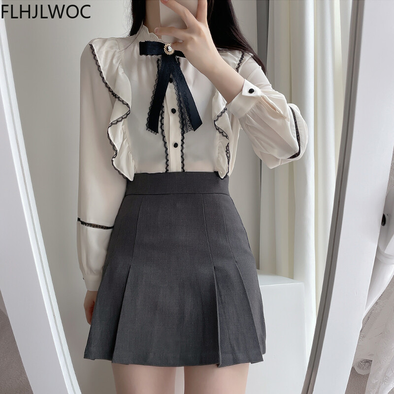 Volane de damă cu papion drăguț Topuri stil preppy vintage japonez coreea buton cu design elegant formal alb roz cămăși bluze