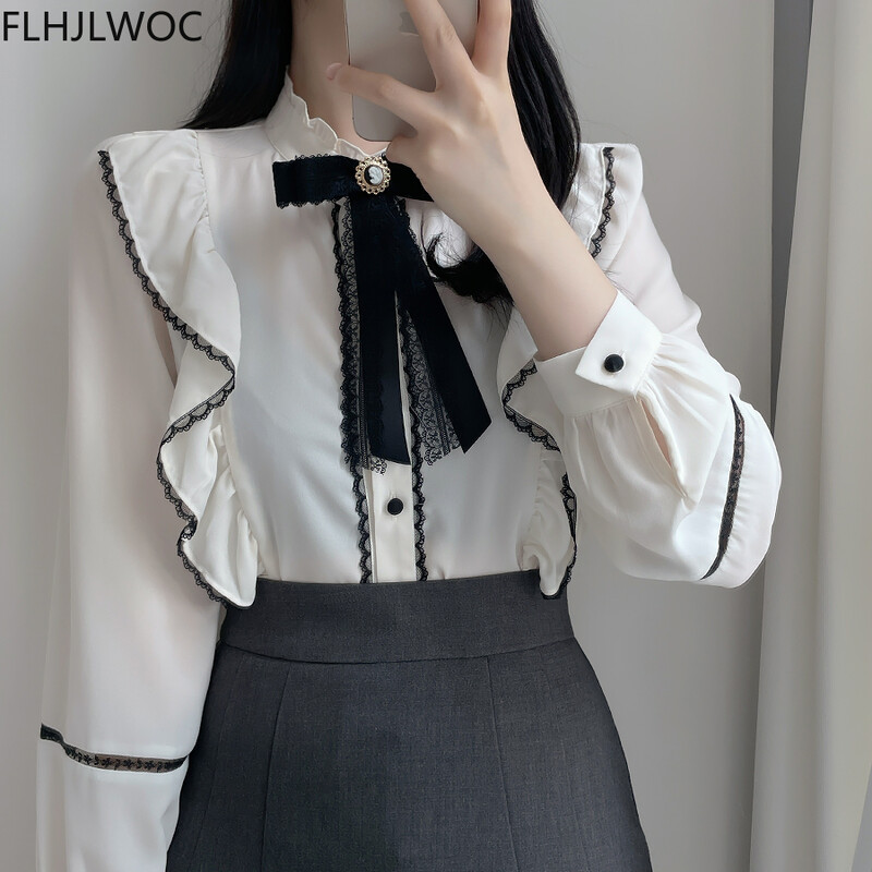 Volane de damă cu papion drăguț Topuri stil preppy vintage japonez coreea buton cu design elegant formal alb roz cămăși bluze