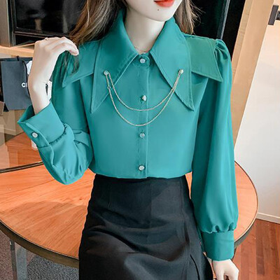 Păpușă cu gât ascuțit guler răsturnat Bubble cu mânecă lungă cu lanț de sus cămașă și bluze casual OL pentru femei Îmbrăcăminte solidă elegantă pentru femei