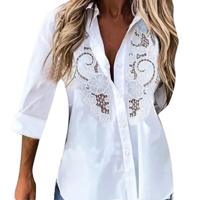 Cămăși casual din dantelă cu flori, primăvară toamnă, cu mâneci lungi, guler răsturnat, bluză cu nasturi, pentru navetă, birou, damă, top supradimensionat