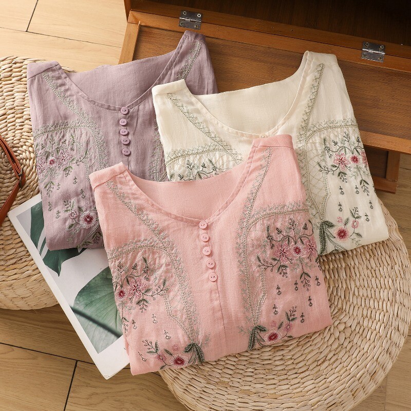 Ženske bluze s vezom u kineskom stilu Široke kratke rukave Vintage top Rasprodaja odjeće s V-izrezom Ljetne pamučne korejske ženske košulje