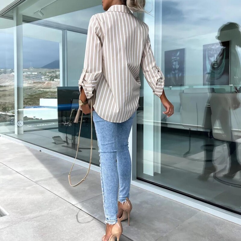 Camisas De Mujer Ženska košulja Bluza Prugasta klasična majica s dugmadima s printom Ležerna košulja dugih rukava Jesen i zima Majice Košulje i bluze