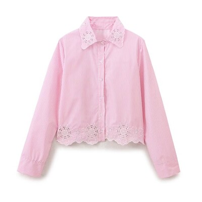 Jesen 2024. Nova ženska odjeća, europski i američki stil, šuplja izvezena prugasta košulja, ružičasta modna majica u uličnom stilu