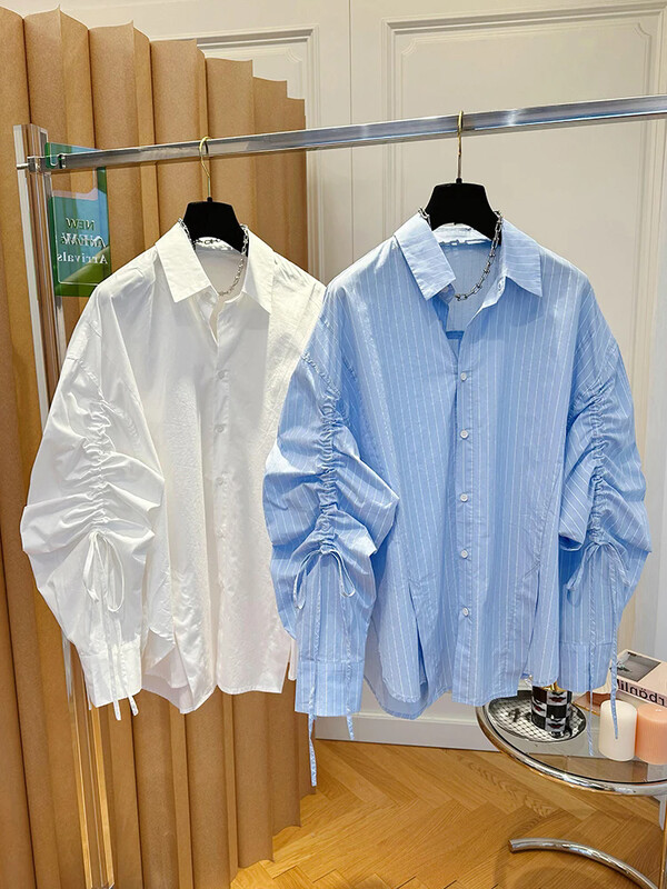 LANMREM Chic Ženske košulje s dugim rukavima na revere, jednoredno kopčanje, široka gornja uredska odjeća za dame, novo 2024. 2DA7808