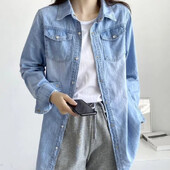 Korea sügis, uued naiste massiivsed polo-kaelusega taskud, ühe rinnaga mood vabaaja vabade pikkade varrukatega keskmise pikkusega kauboisärgi topid