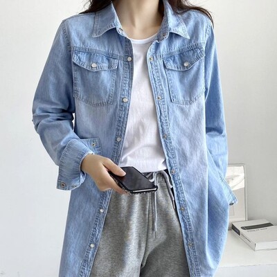 Korea sügis, uued naiste massiivsed polo-kaelusega taskud, ühe rinnaga mood vabaaja vabade pikkade varrukatega keskmise pikkusega kauboisärgi topid