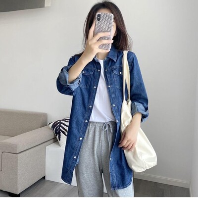 Korea sügis, uued naiste massiivsed polo-kaelusega taskud, ühe rinnaga mood vabaaja vabade pikkade varrukatega keskmise pikkusega kauboisärgi topid