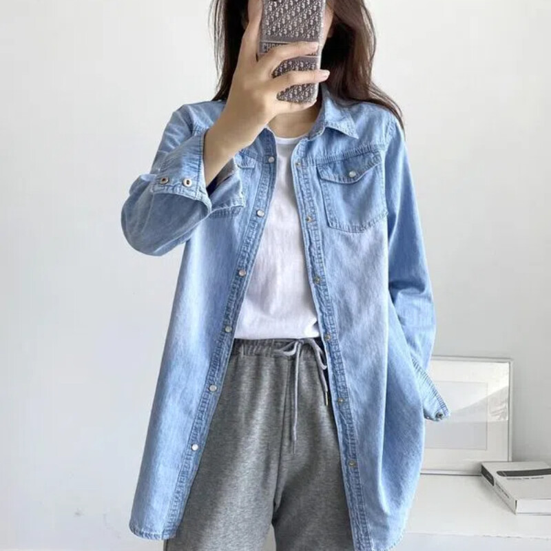 Korea sügis, uued naiste massiivsed polo-kaelusega taskud, ühe rinnaga mood vabaaja vabade pikkade varrukatega keskmise pikkusega kauboisärgi topid