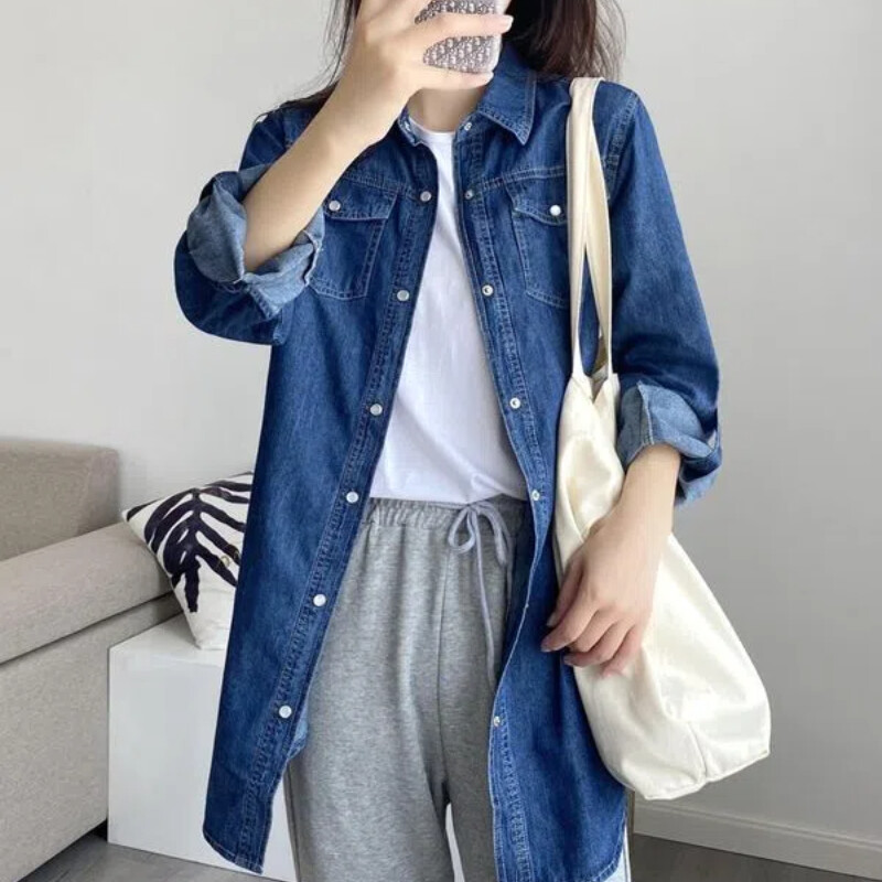 Korea sügis, uued naiste massiivsed polo-kaelusega taskud, ühe rinnaga mood vabaaja vabade pikkade varrukatega keskmise pikkusega kauboisärgi topid