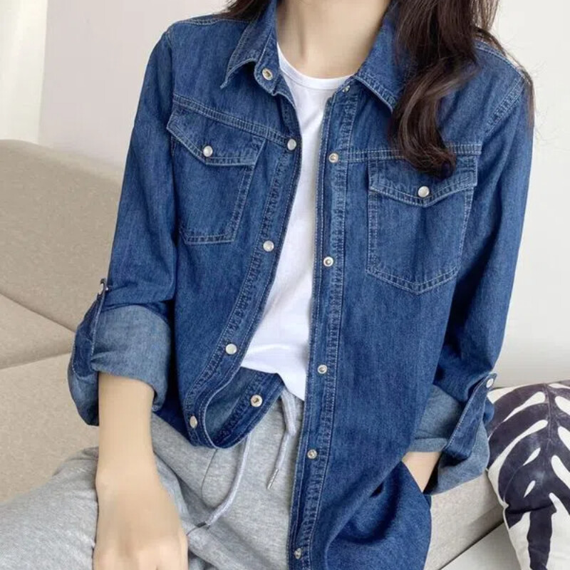 Korea sügis, uued naiste massiivsed polo-kaelusega taskud, ühe rinnaga mood vabaaja vabade pikkade varrukatega keskmise pikkusega kauboisärgi topid