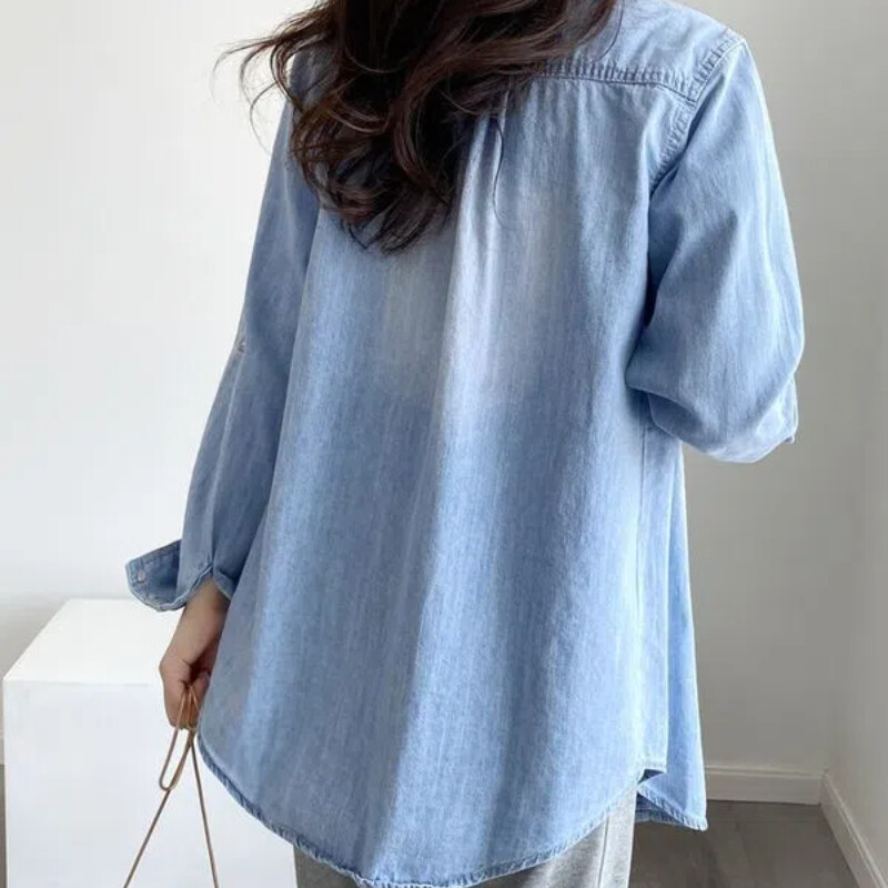 Korea sügis, uued naiste massiivsed polo-kaelusega taskud, ühe rinnaga mood vabaaja vabade pikkade varrukatega keskmise pikkusega kauboisärgi topid