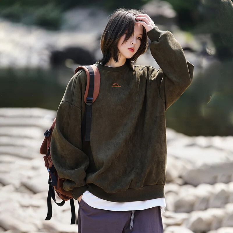 TFETTERS Jesen Zima Dukserica od brušene kože za muškarce s dugim rukavima 2024, jednobojna, s O izrezom, retro široki puloveri, modna odjeća za parove