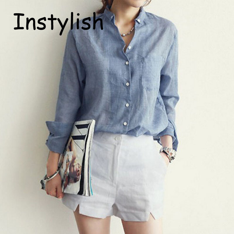 Naiste sügisene korea Harjauku täis puuvillane ja linane pluus Vintage soliidne õhuke avar särk 2022 vabaaja pikkade varrukatega Korea topid