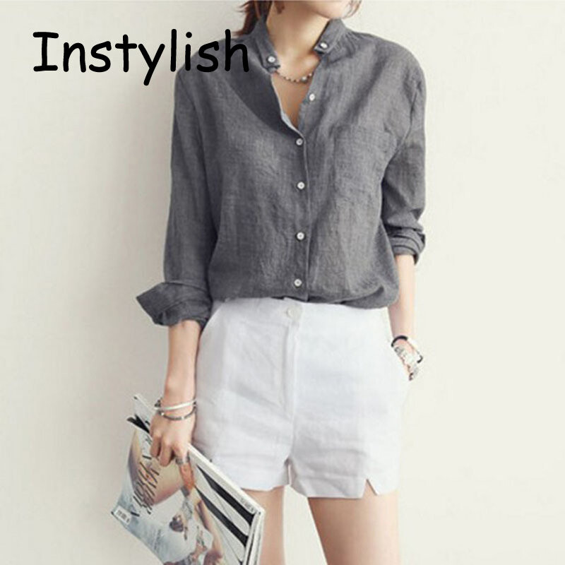 Naiste sügisene korea Harjauku täis puuvillane ja linane pluus Vintage soliidne õhuke avar särk 2022 vabaaja pikkade varrukatega Korea topid