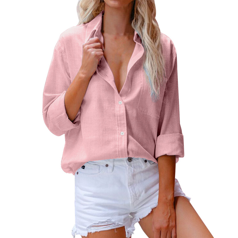 Elegantsed naiste puuvillased linased särgid avarad ühevärvilised pluusid, pikkade varrukatega revääriga nööbiga särk, topid Kontorinaised vabaaja lihtsad pluusid