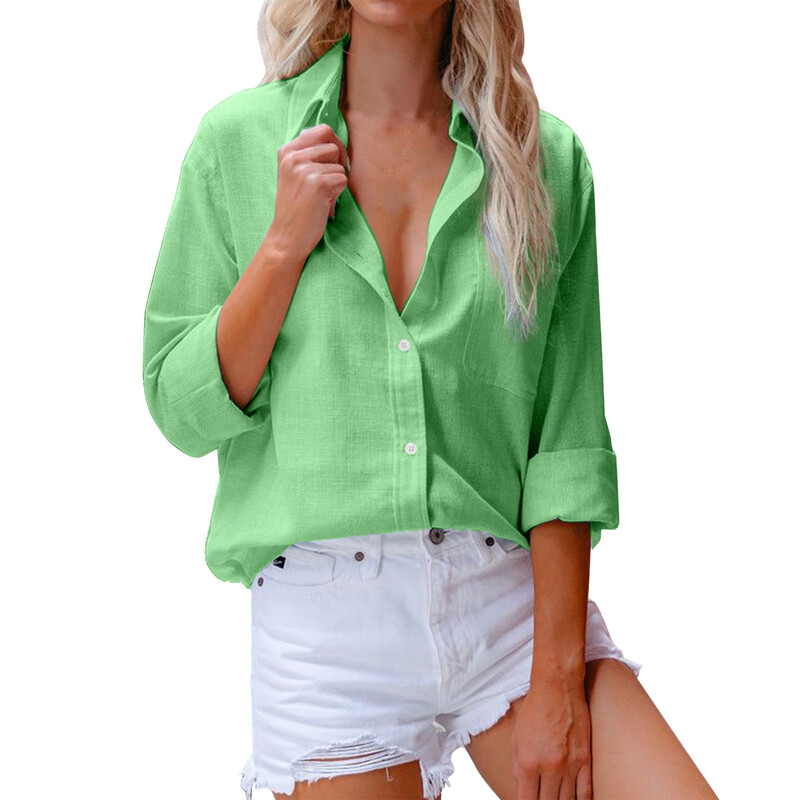 Elegantsed naiste puuvillased linased särgid avarad ühevärvilised pluusid, pikkade varrukatega revääriga nööbiga särk, topid Kontorinaised vabaaja lihtsad pluusid