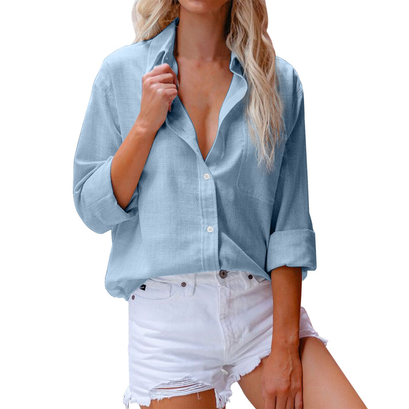 Elegantsed naiste puuvillased linased särgid avarad ühevärvilised pluusid, pikkade varrukatega revääriga nööbiga särk, topid Kontorinaised vabaaja lihtsad pluusid