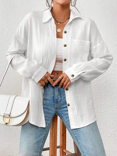 Ženske košulje od 100% pamučne gaze od muslina, ležerne ovratnike s dugim rukavima, uredske dame, elegantne bluze za žene