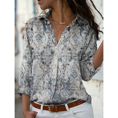 Νέο γυναικείο μακρυμάνικο πουκάμισο τρισδιάστατο λουλούδι με εμπριμέ κουμπιά μακρυμάνικο μπλουζάκια Plus μέγεθος γυναικεία μπλούζα για φθινοπωρινά γυναικεία ρούχα γραφείου