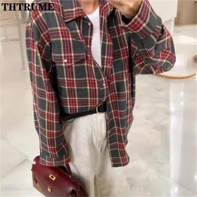 Vintage ženske šik košulje, modne duge rukave, prevelike karirane jesensko-zimske tople košulje, ulična odjeća, ležerne korejske bluze na preklop
