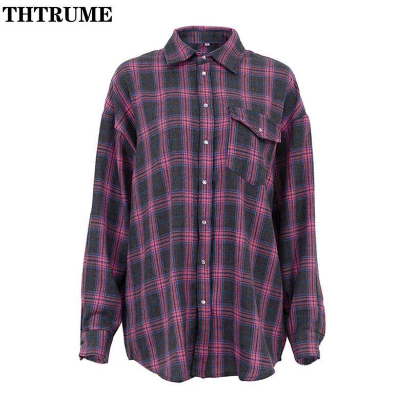 Vintage ženske šik košulje, modne duge rukave, prevelike karirane jesensko-zimske tople košulje, ulična odjeća, ležerne korejske bluze na preklop