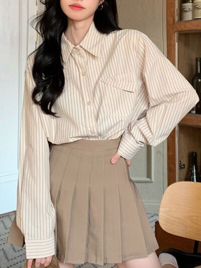 Plava prugasta ženska košulja Jesenska nova široka korejska bluza dugih rukava s džepovima Ležerna modna svestrana ružičasta košulja za žene