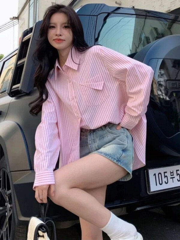 Plava prugasta ženska košulja Jesenska nova široka korejska bluza dugih rukava s džepovima Ležerna modna svestrana ružičasta košulja za žene