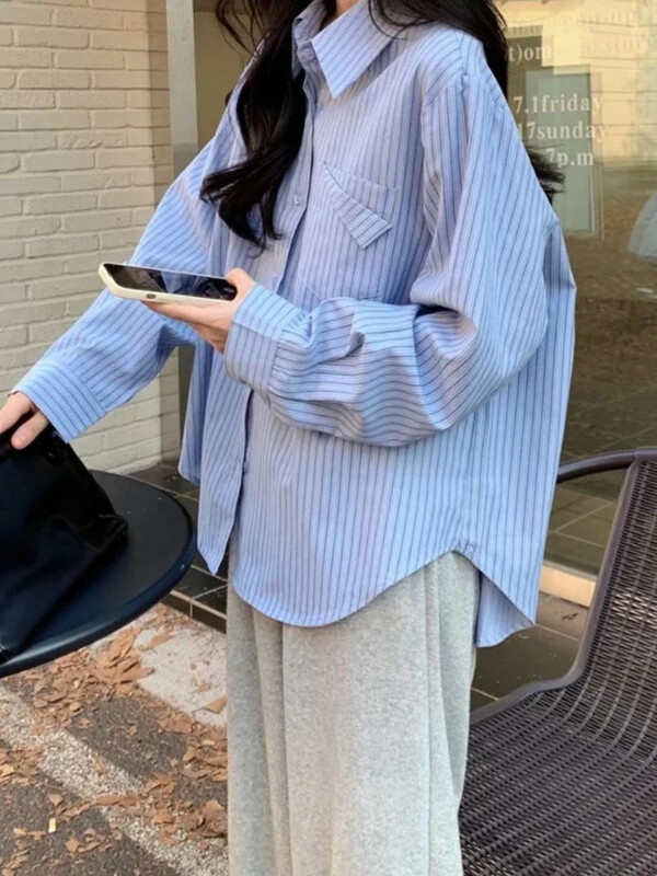 Plava prugasta ženska košulja Jesenska nova široka korejska bluza dugih rukava s džepovima Ležerna modna svestrana ružičasta košulja za žene